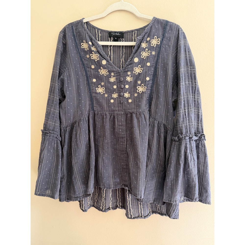 RD + Koko Blue Embroidered Cotton Peasant Blouse Bell Sleeve Boho Top XL